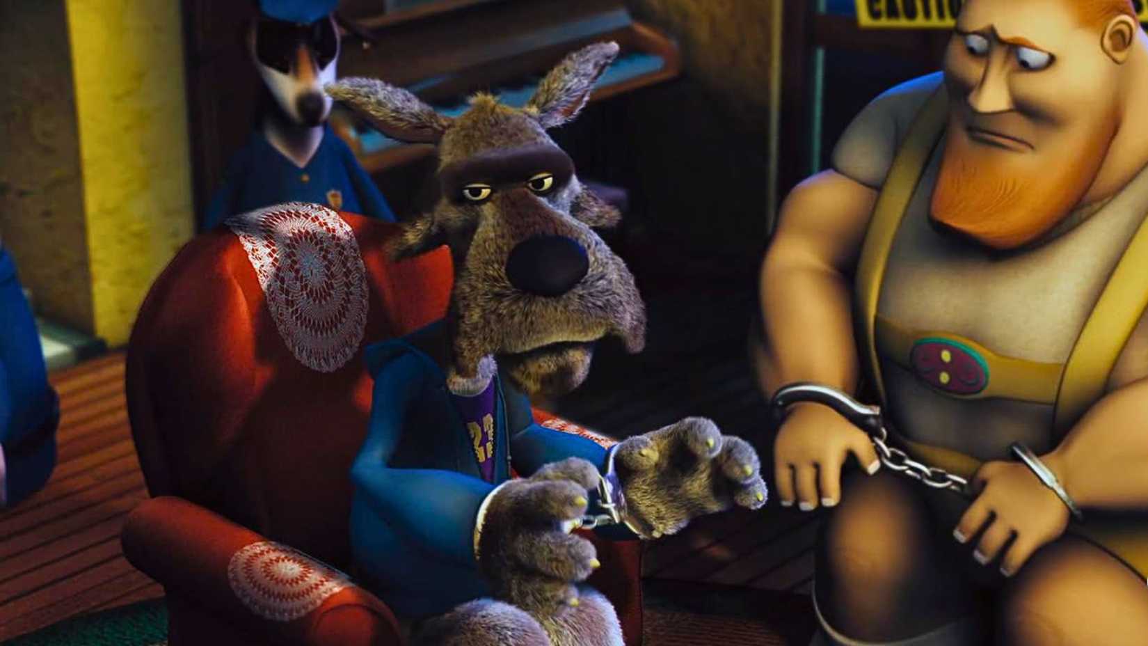 An image from Hoodwinked by Cory Edwards. It shows the Big Bad Wolf in handcuffs next to a dejected looking Woodsman.