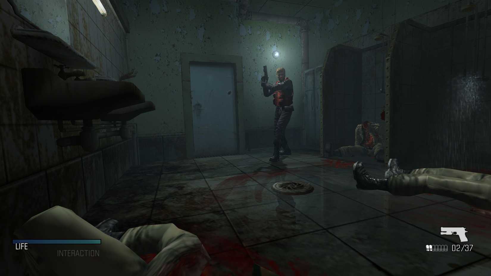 U.S. coast guardsman Tom Hansen walks among corpses in a bathroom in a screenshot from Cold Fear