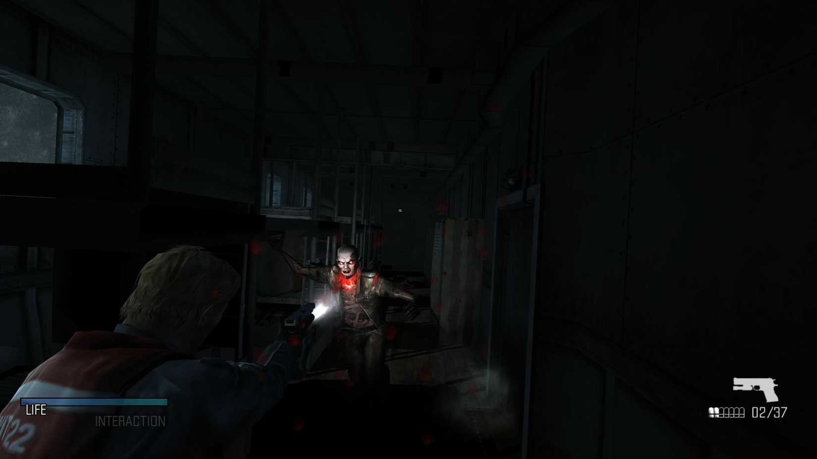 U.S. coast guardsman Tom Hansen aims a flashlight and gun at an enemy in Cold Fear