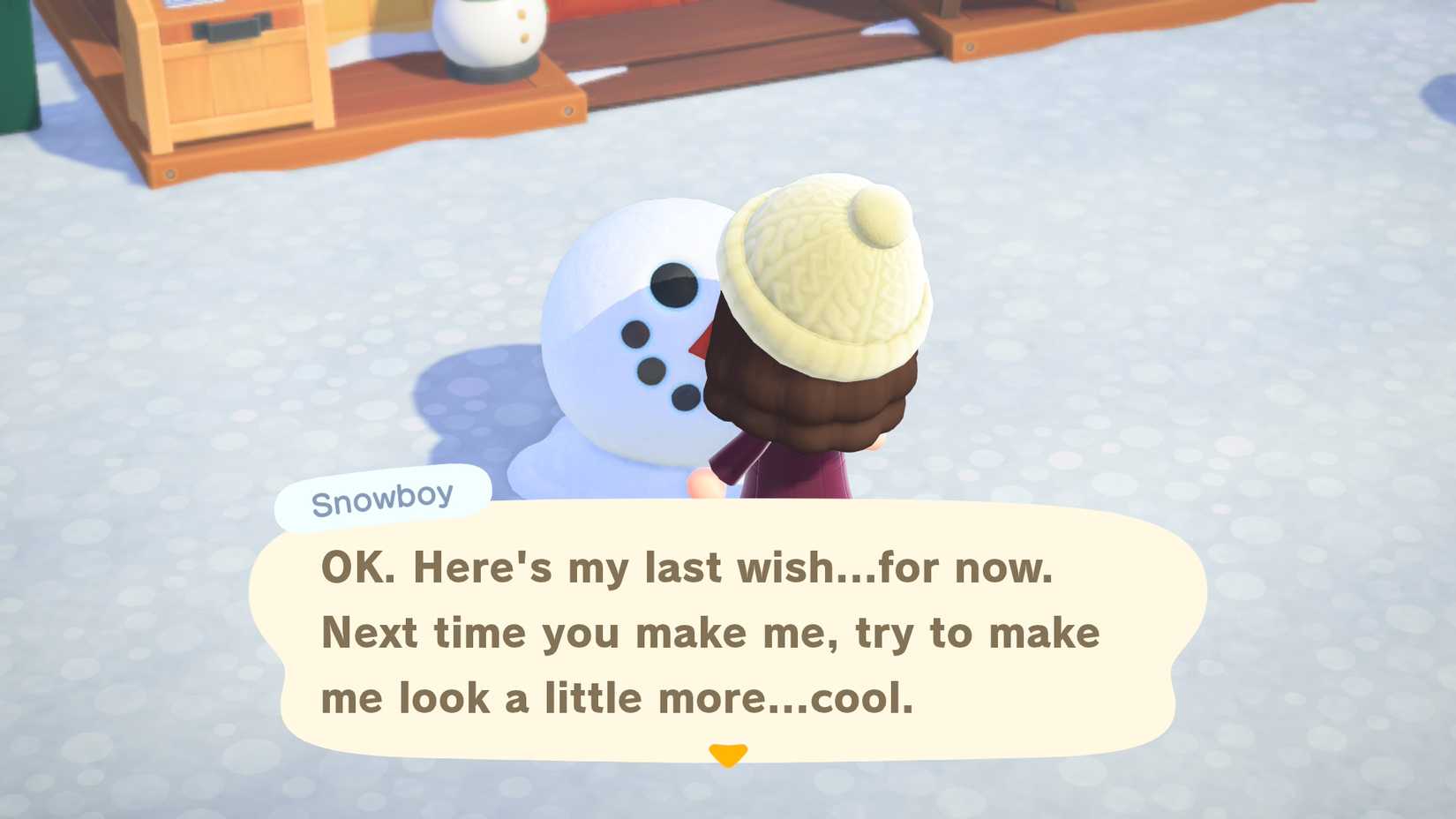 ACNH Snowboy telling a player to build them cooler next time as they melt away
