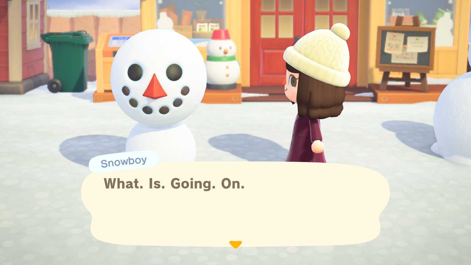 ACNH Snowboy expressing confusion