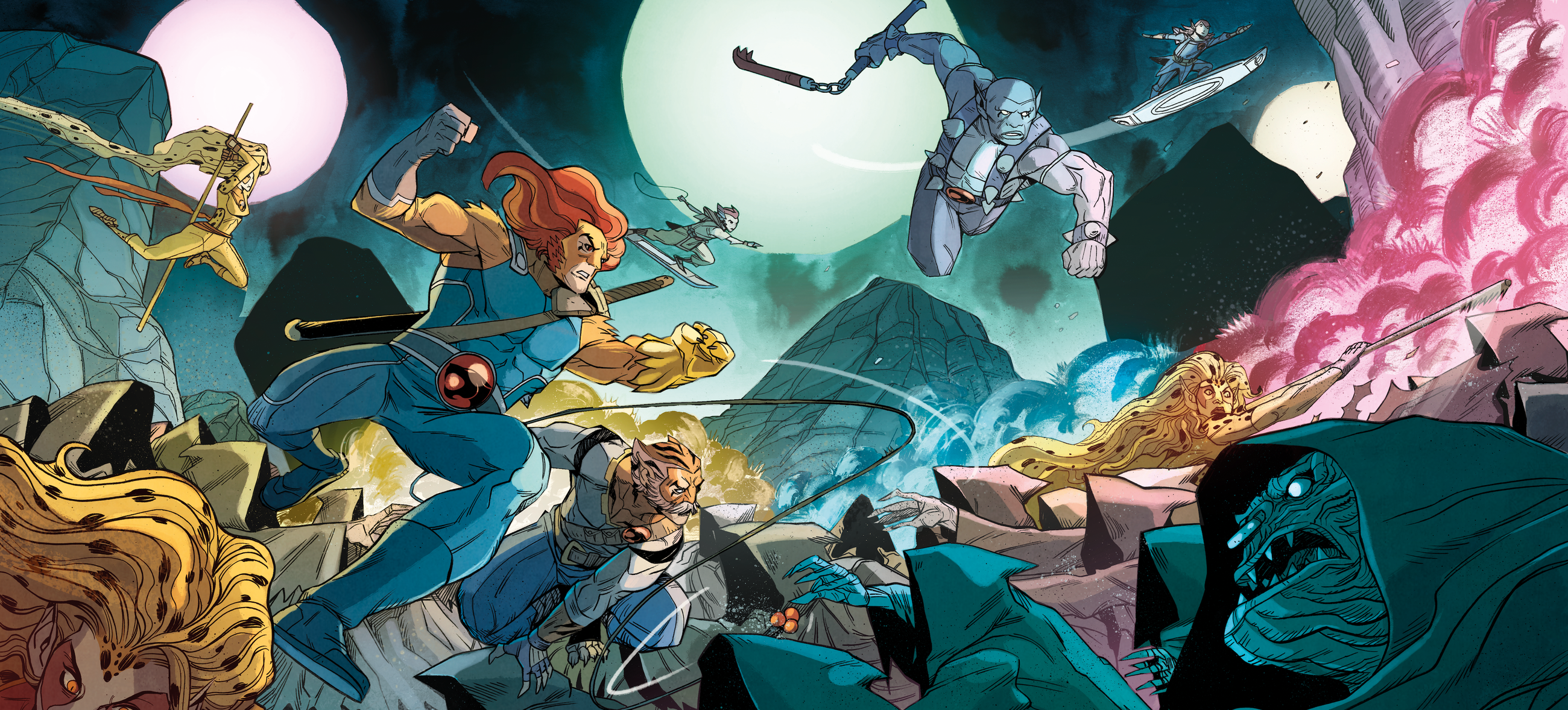 An action spread from Dynamite Comics, showing the characters from the 1980s Thundercats cartoon launching into battle with various hooded figures