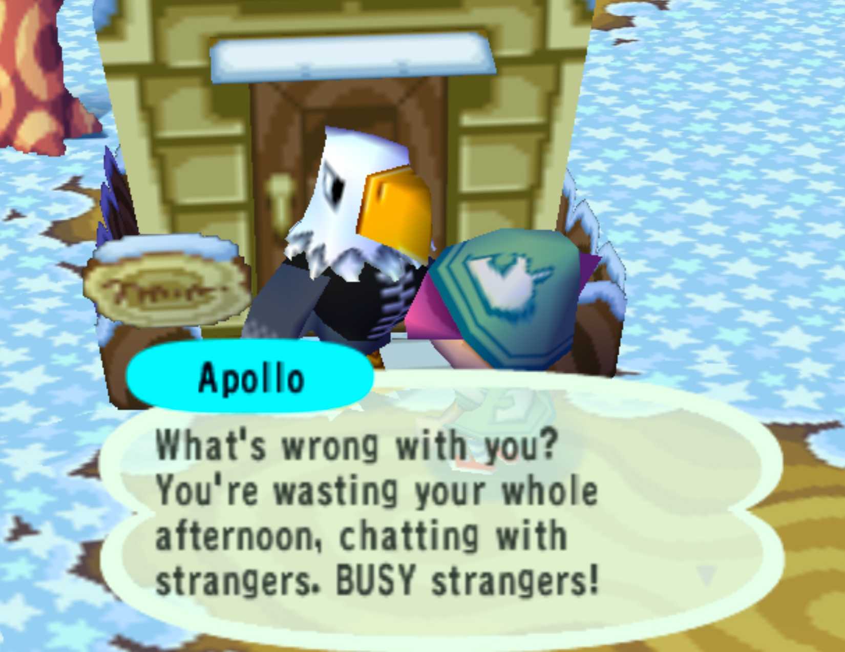 Apollo yelling at the player in Animal Crossing