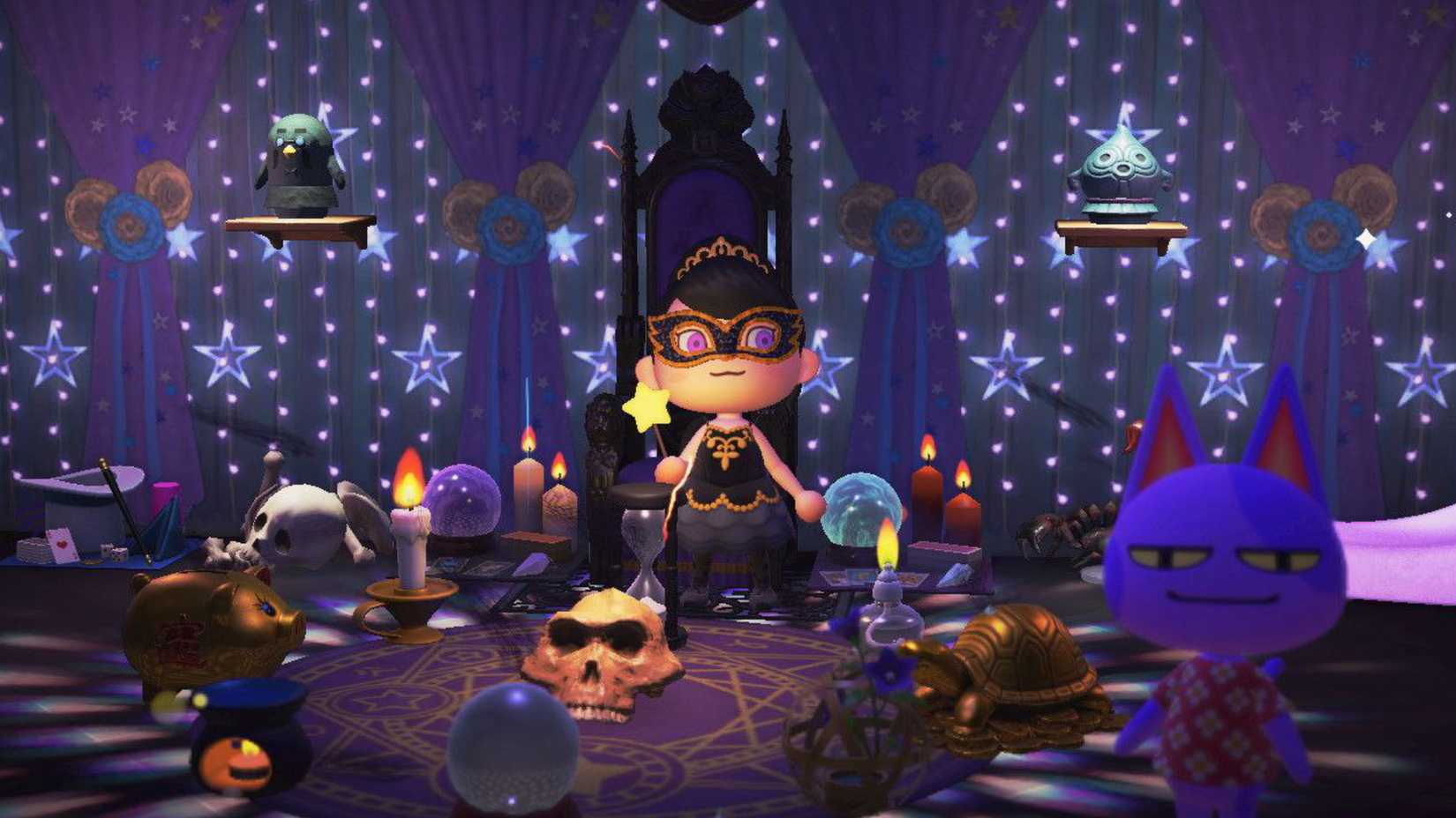 A female Animal Crossing New Horizons player-character shows off her cursed basement, with villager Bob lurking in the foreground.