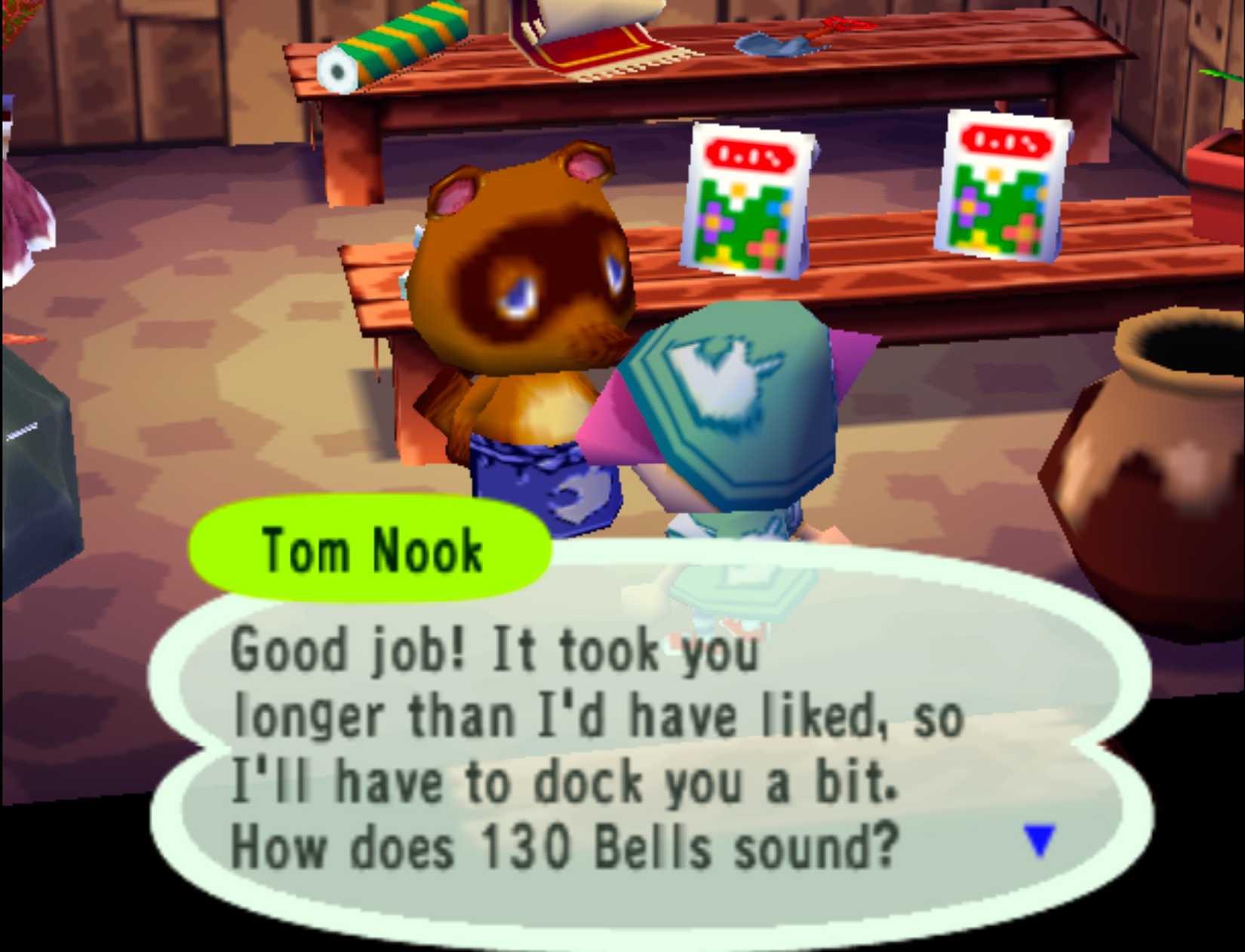 The player being paid for their work by Tom Nook in Animal Crossing