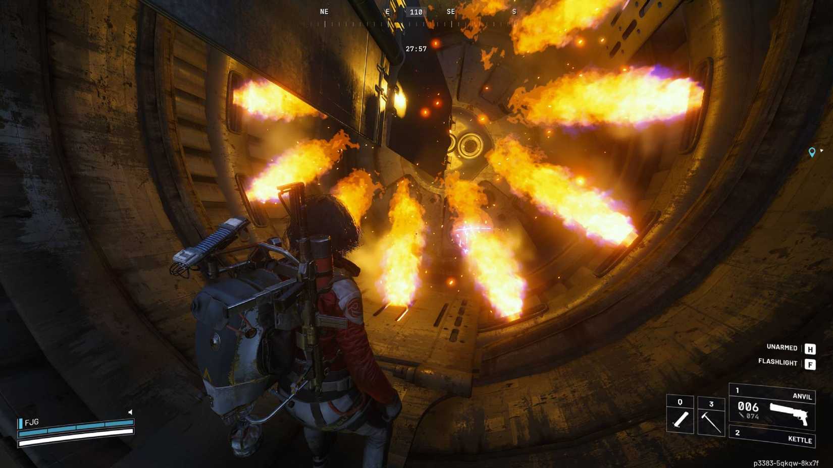 The player in Arc Raiders standing in front of a ring of flames in the Deforester.