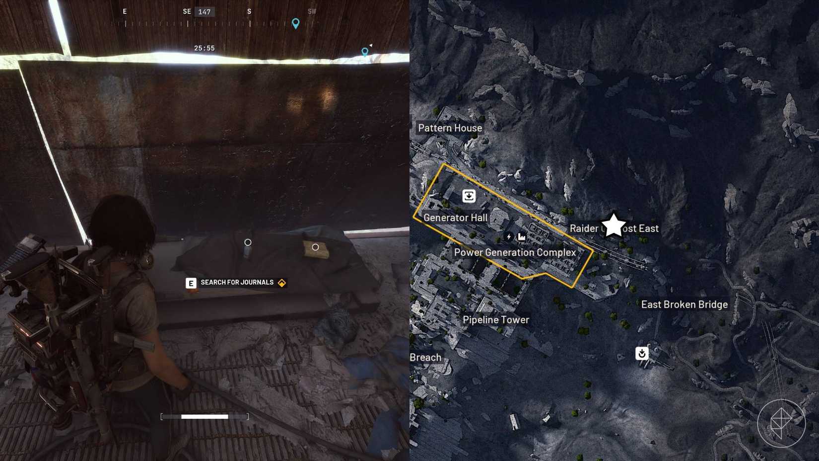 The left-hand side of the image shows the player in Arc Raiders standing in front of the journal they need to pick up for the quest, while the right-hand side shows the location marked on the in-game map.