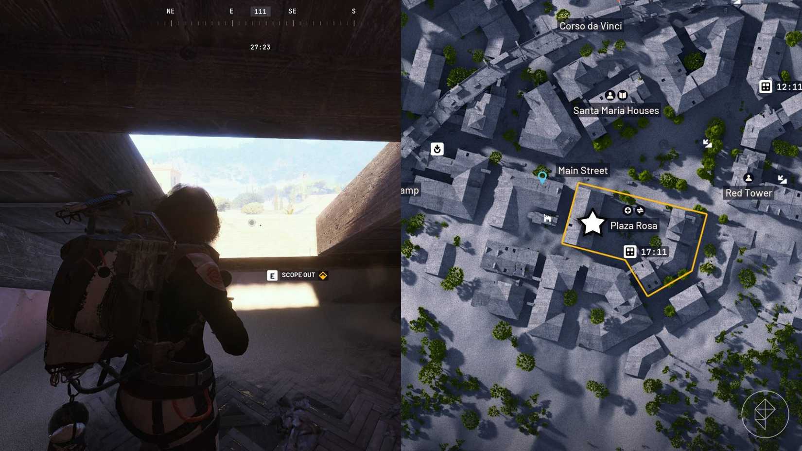 The left-hand side of the image shows the player standing in front of the prompt to scope out in the attics on Buried City in Arc Raiders while the right-hand side of the image shows the location marked on the in-game map.