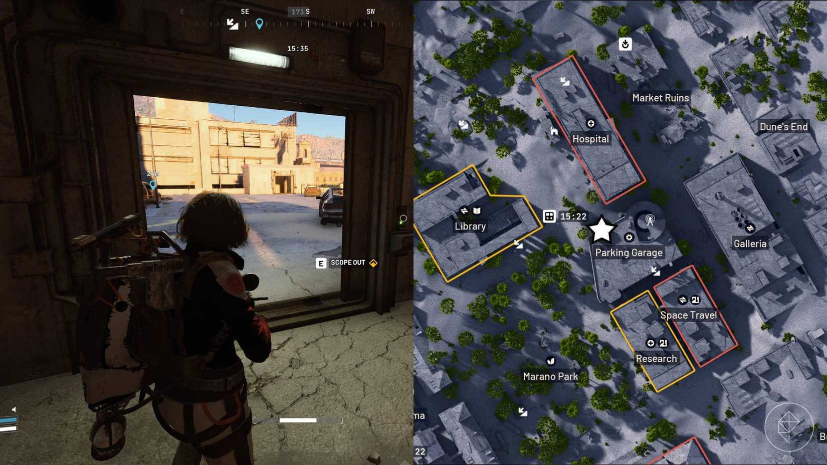 The left-hand side of the image shows the player standing in front of the prompt to scope out in the Parking Garage staircase on Buried City in Arc Raiders while the right-hand side of the image shows the location marked on the in-game map.