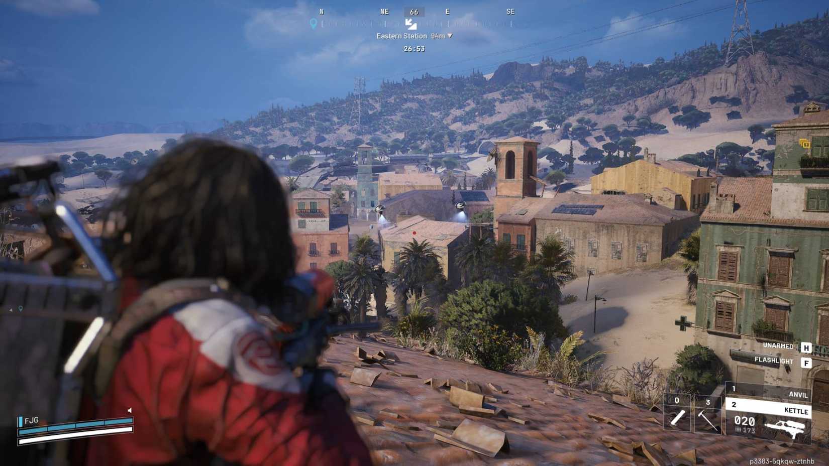 The player in Arc Raiders standing on a rooftop on Buried City and aiming down the sights at two spotters.
