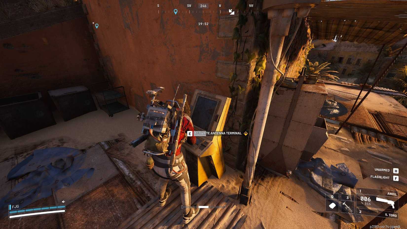 The player interacting with the antenna terminal on the Red Tower rooftop in Arc Raiders.