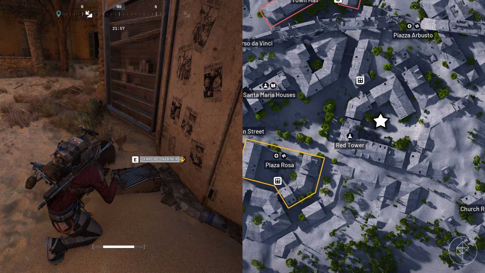 The left-hand side of the image shows the player searching the container for the battery cell in Arc Raiders, while the right-hand side shows the location marked on the in-game map of Buried City.