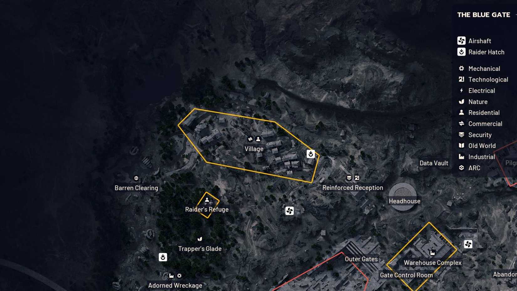 The Village location on the in-game Blue Gate map in Arc Raiders.