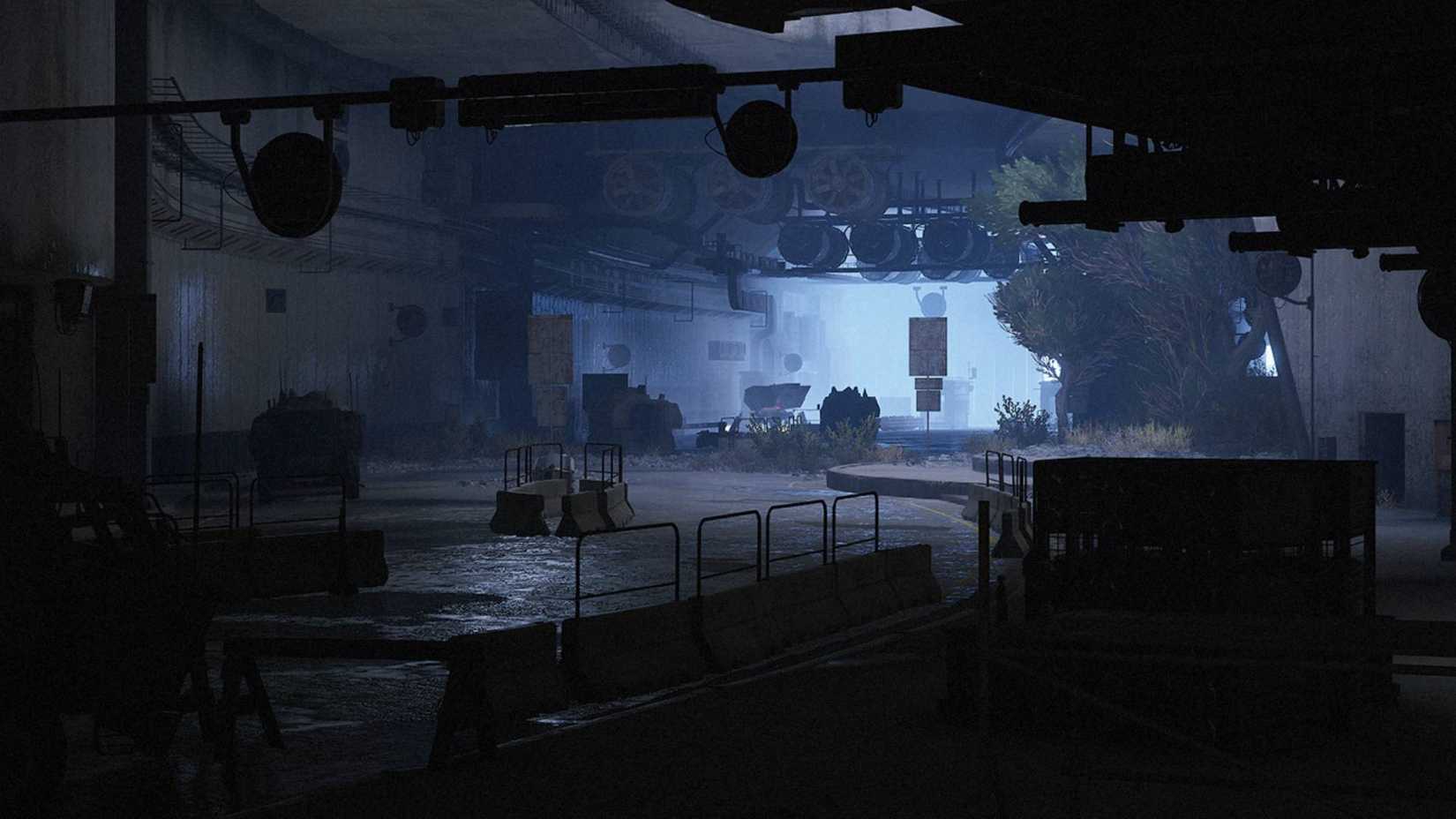Inside a tunnel on Blue Gate in Arc Raiders, with abandoned vehicles in the distance.