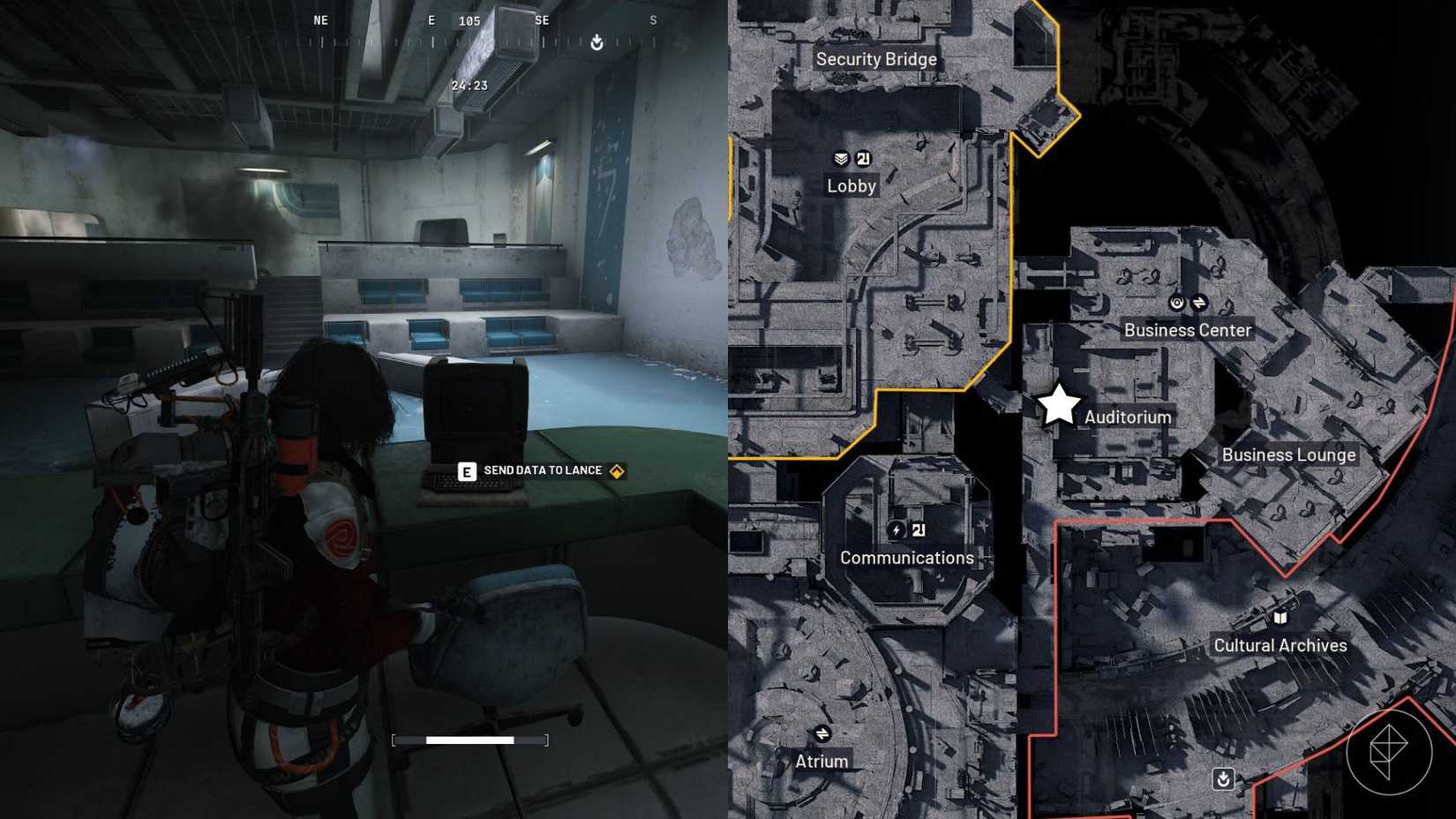 The left-hand side of the image shows the player standing in front of the quest objective in Arc Raiders while the right-hand side of the image shows the location highlighted with a star on the in-game map.