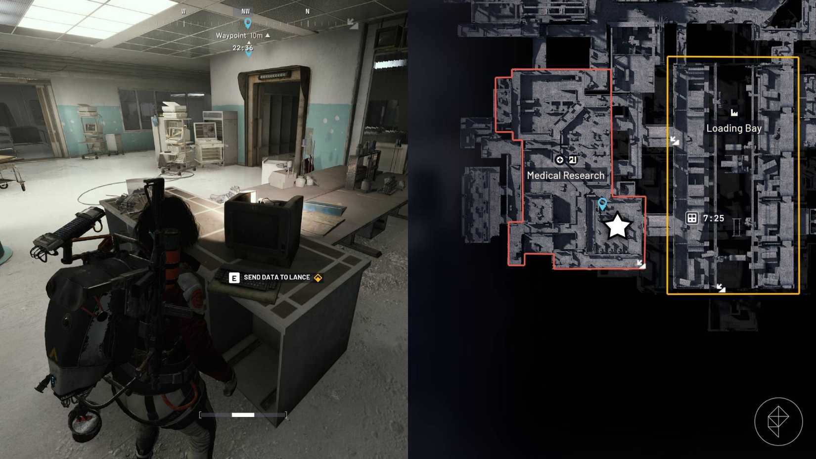 The left-hand side of the image shows the player standing in front of the quest objective in Arc Raiders while the right-hand side of the image shows the location highlighted with a star on the in-game map.