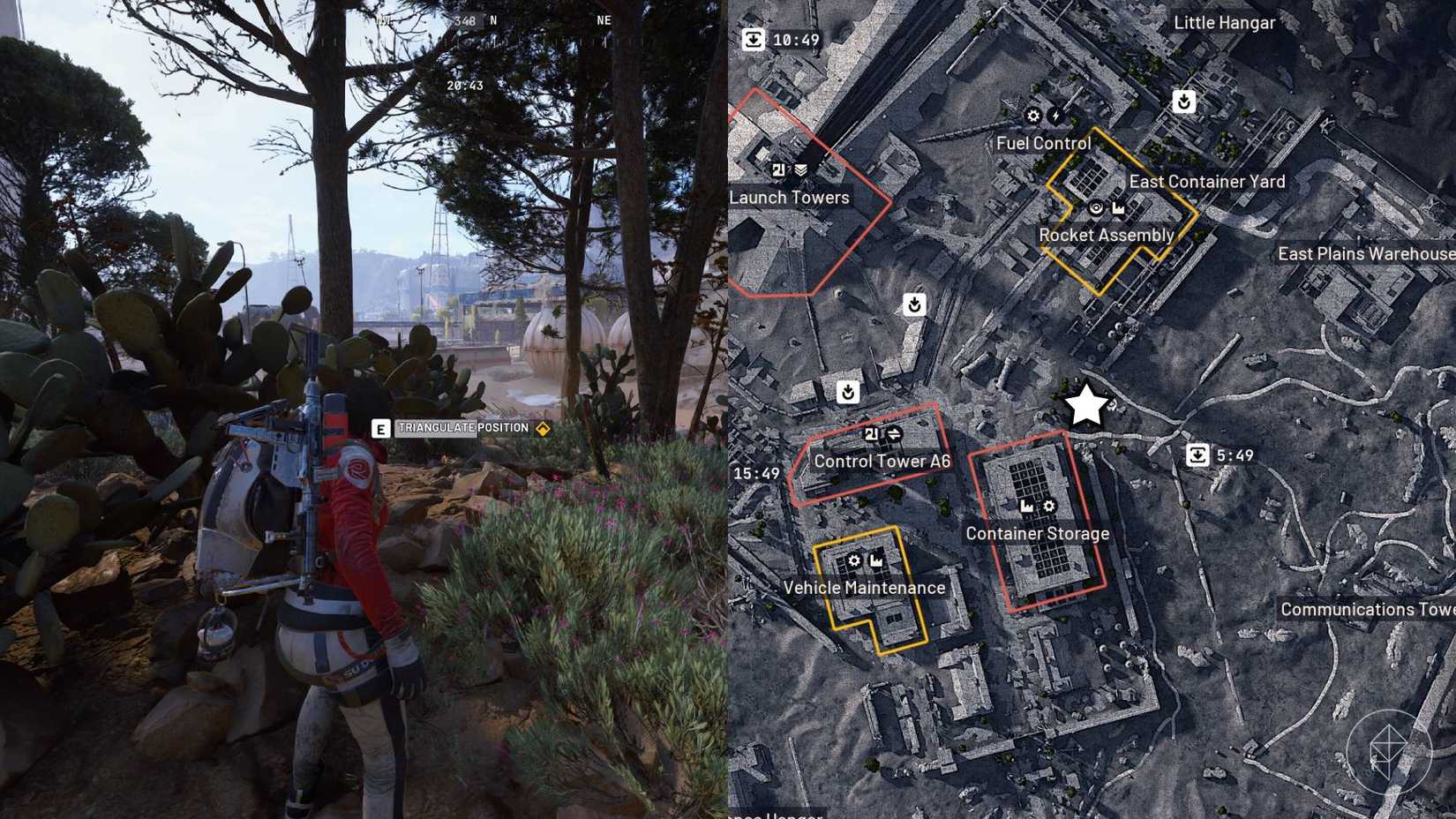 The left-hand side of the image shows the player standing in front of the in-game prompt to complete the objective for On The Map in Arc Raiders while the right-hand side of the image shows the location marked on the in-game map with a star.