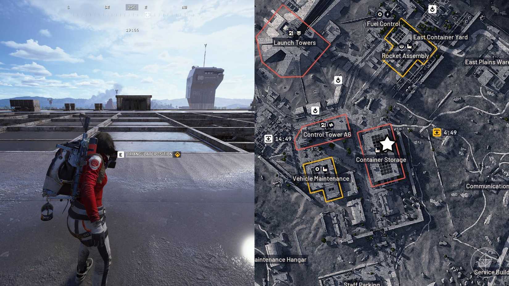 The left-hand side of the image shows the player standing in front of the in-game prompt to complete the objective for On The Map in Arc Raiders while the right-hand side of the image shows the location marked on the in-game map with a star.