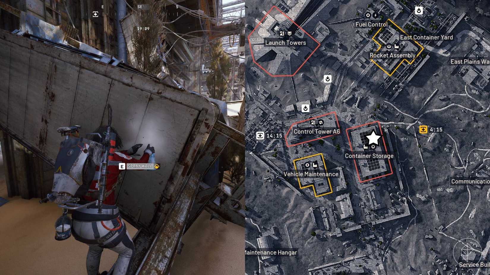 The left-hand side of the image shows the player standing in front of the in-game prompt to complete the objective for On The Map in Arc Raiders while the right-hand side of the image shows the location marked on the in-game map with a star.
