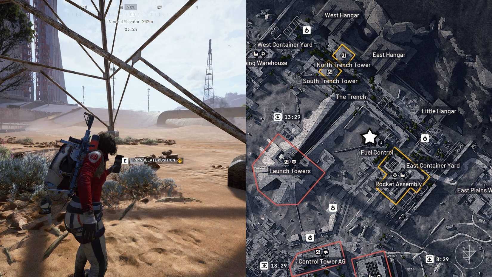 The left-hand side of the image shows the player standing in front of the in-game prompt to complete the objective for On The Map in Arc Raiders while the right-hand side of the image shows the location marked on the in-game map with a star.