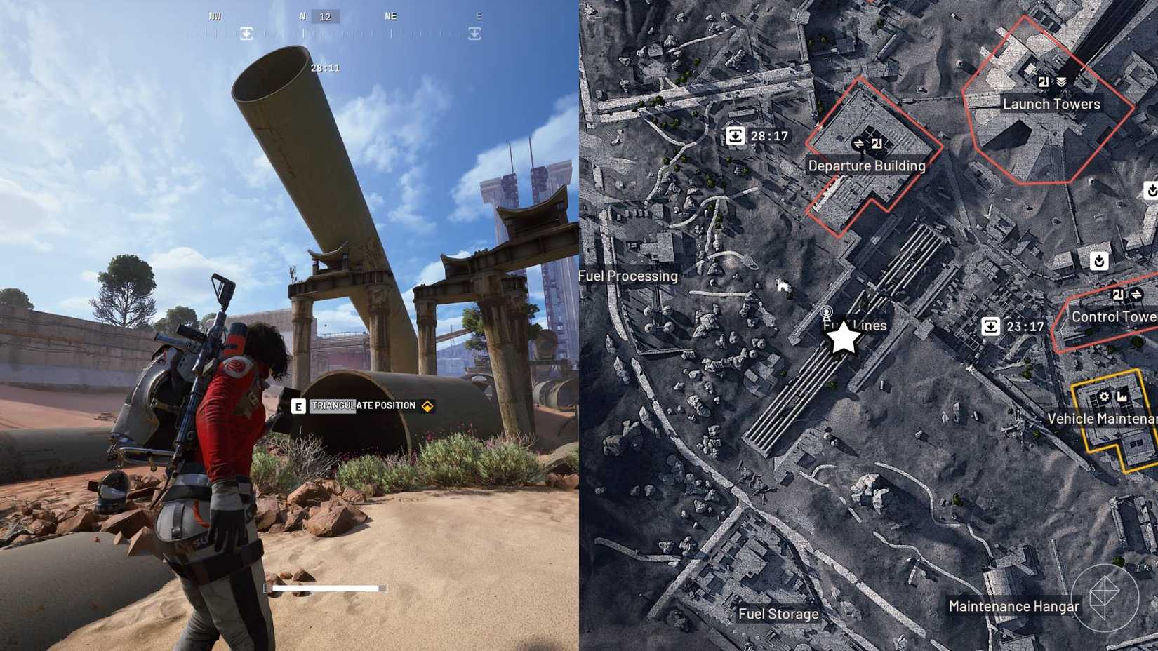 The left-hand side of the image shows the player standing in front of the in-game prompt to complete the objective for On The Map in Arc Raiders while the right-hand side of the image shows the location marked on the in-game map with a star.