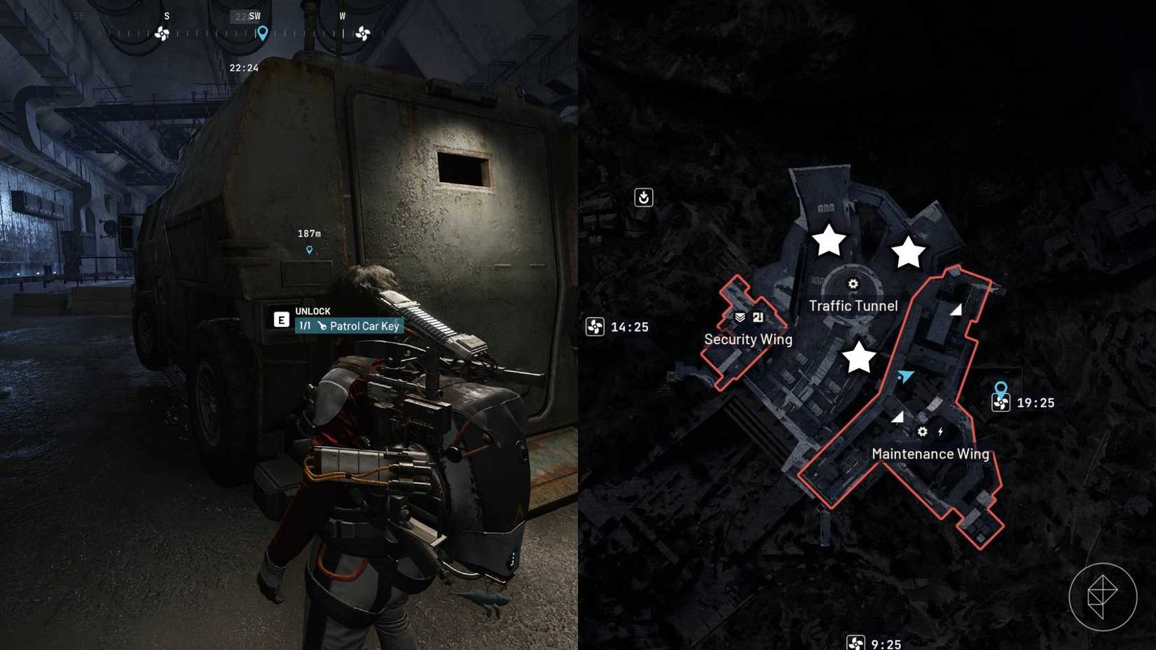 The in-game map showing three possible patrol car locations in Arc Raiders on the right-hand side of the image, with the player standing in front of the door that requires the patrol car key on the left-hand side.