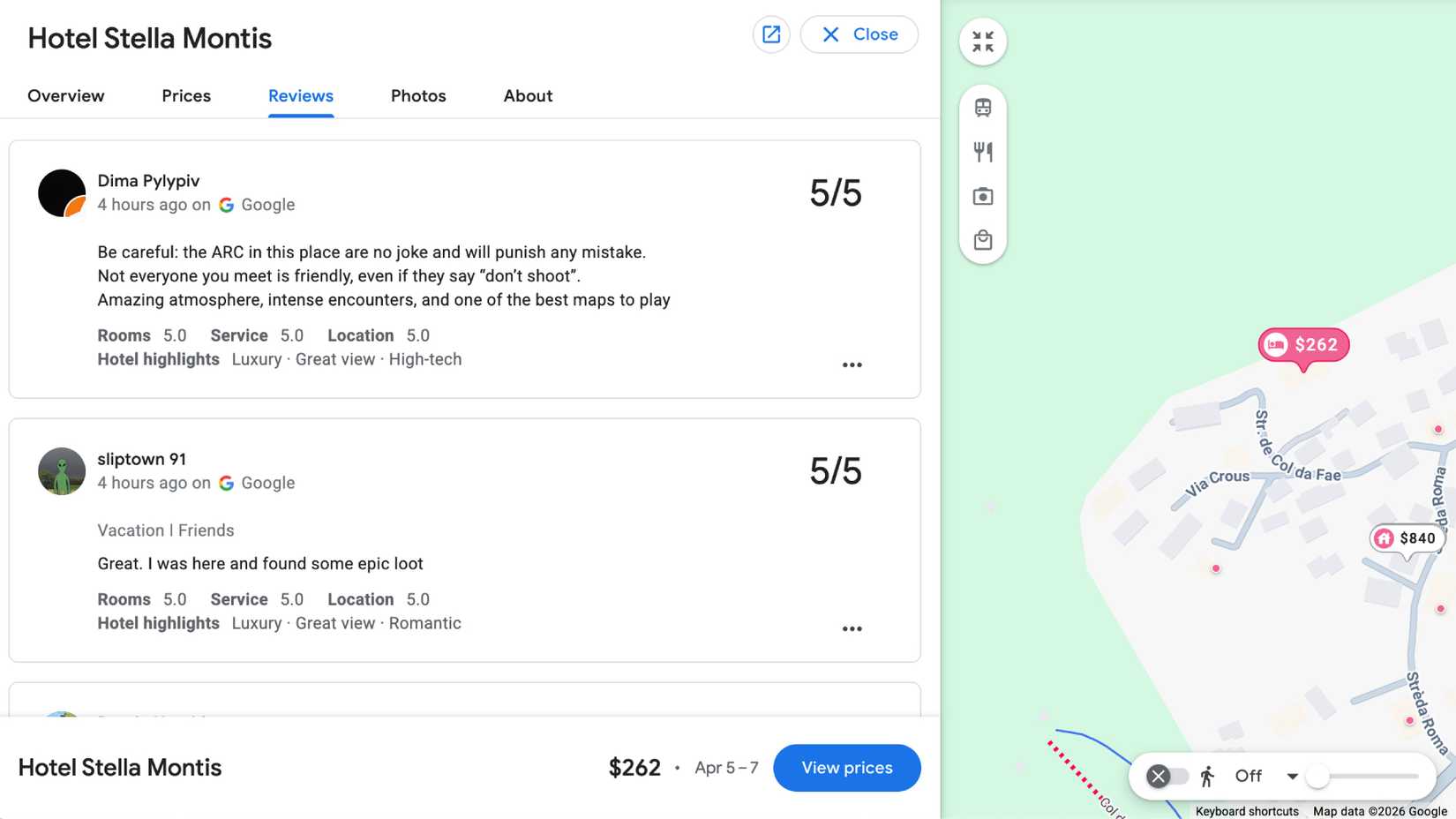 A screenshot of Hotel Stella Montis' Google Review page, full of 5/5-star reviews from Arc Raiders players.