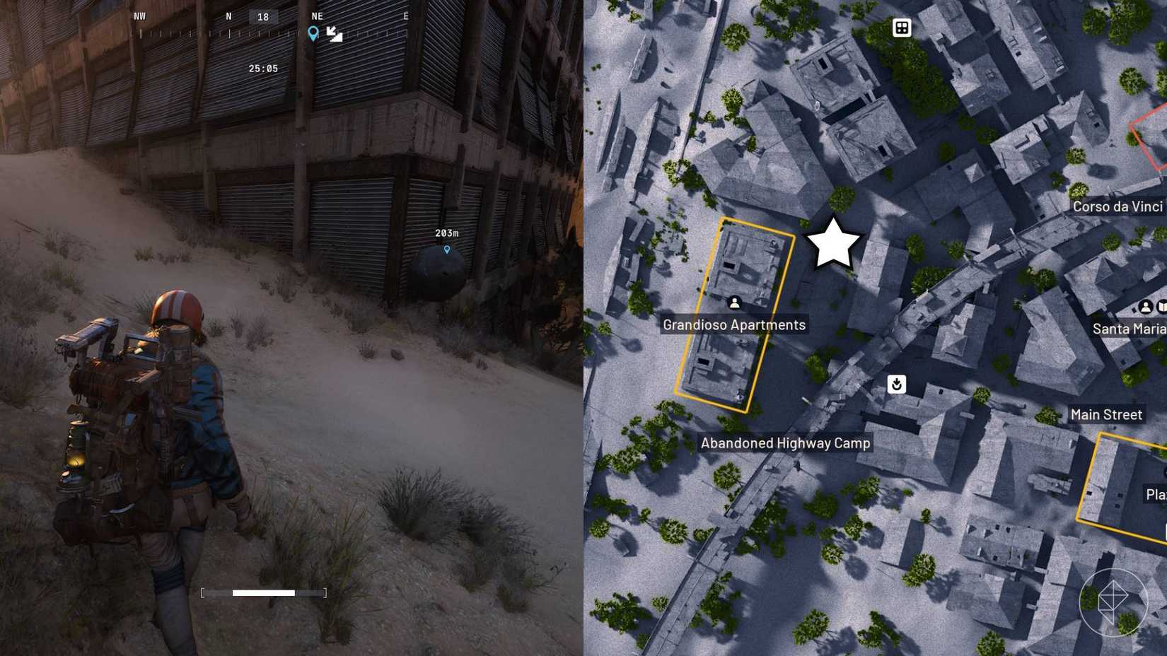 The left-hand side of the image shows the player on Buried City looking at a surveyor, while the right-hand side shows the area of the map it was found in.
