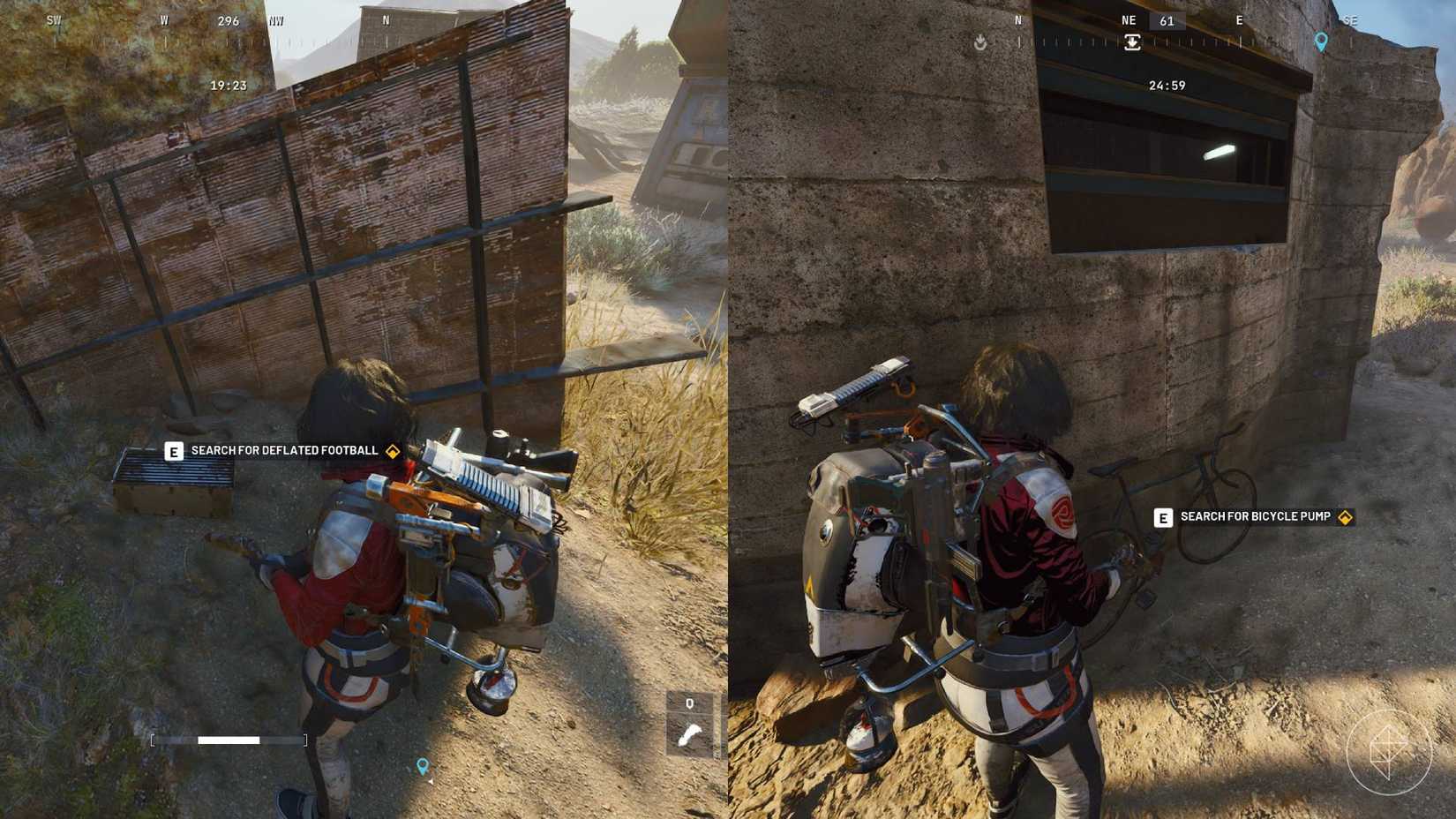 The left-hand side of the image shows the player searching the metal container for the deflated football in Arc Raiders while the right-hand side shows them searching for the bicycle pump.