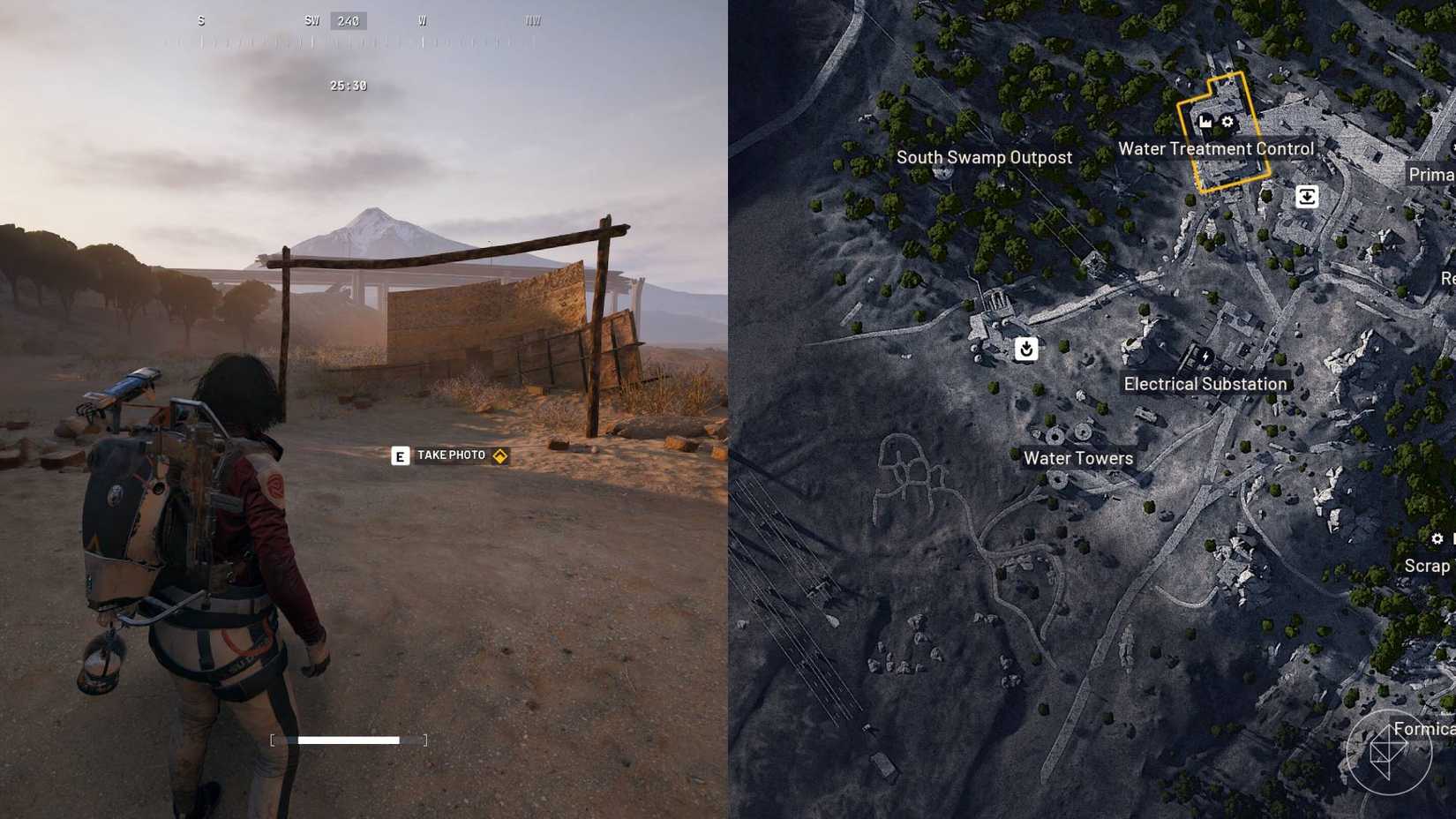 The left-hand side of the image shows the player standing in front of the prompt to take a photo of the goal on Dam Battlegrounds in Arc Raiders, while the right-hand side of the photo shows the location on the in-game map.