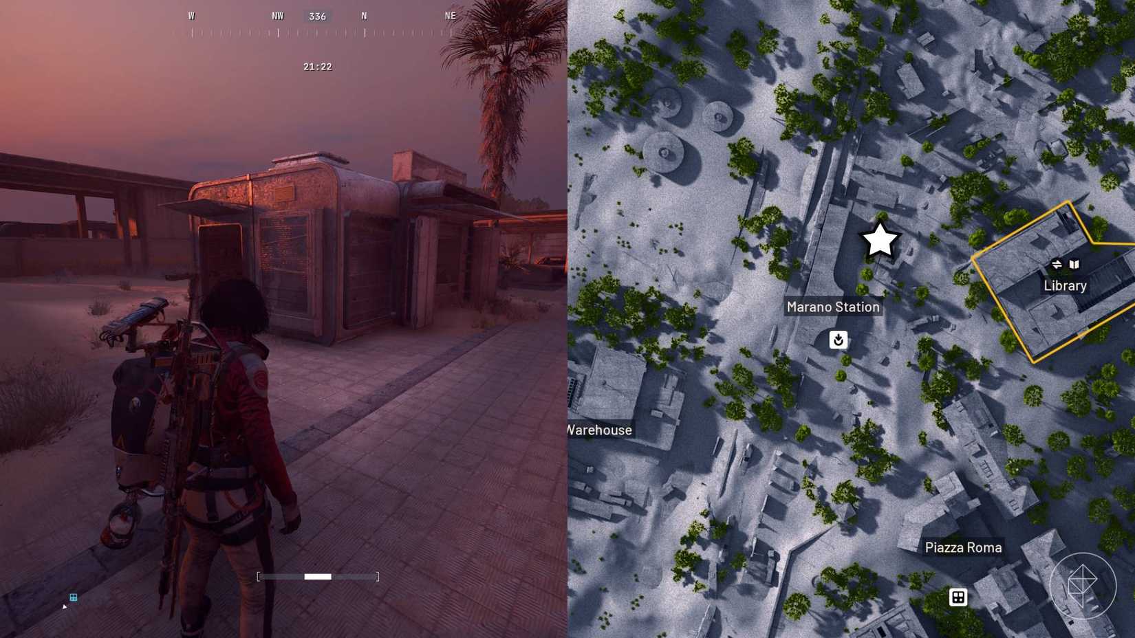 The left-hand side of the image shows the player standing in front of a kiosk on Buried City in Arc Raiders while the right-hand side shows that kiosk marked on the in-game map.