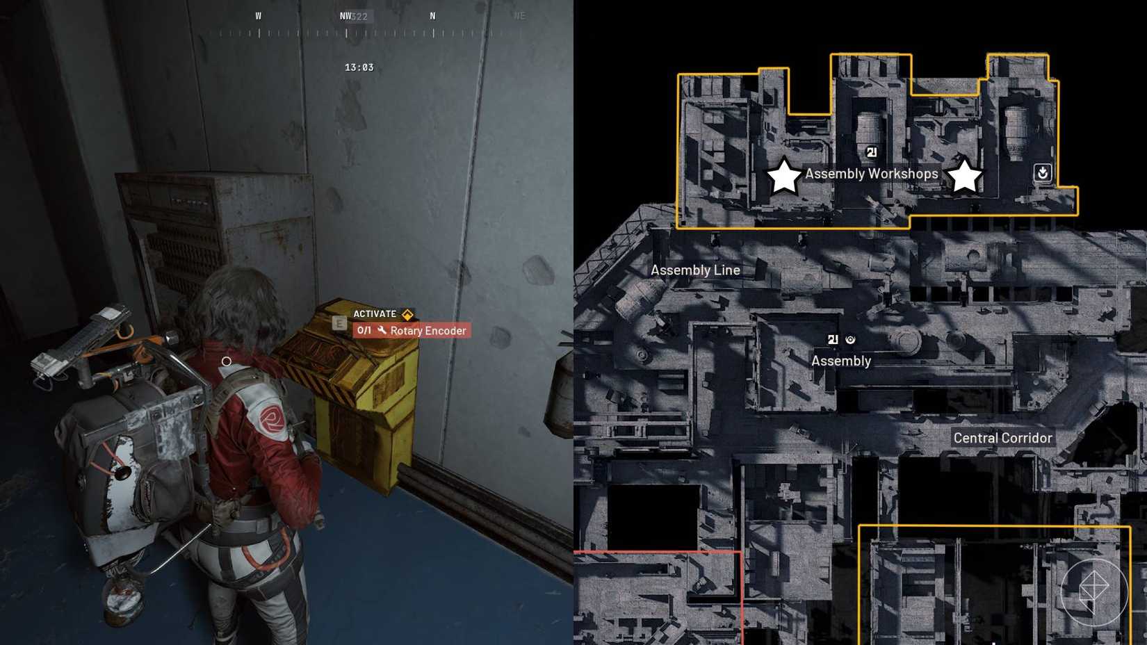 The left-hand side of the image shows the player standing in front of the yellow lever the Rotary Encoder needs to be used with in Arc Raiders while the right-hand side of the image shows the locations of the control rooms marked on the in-game map.
