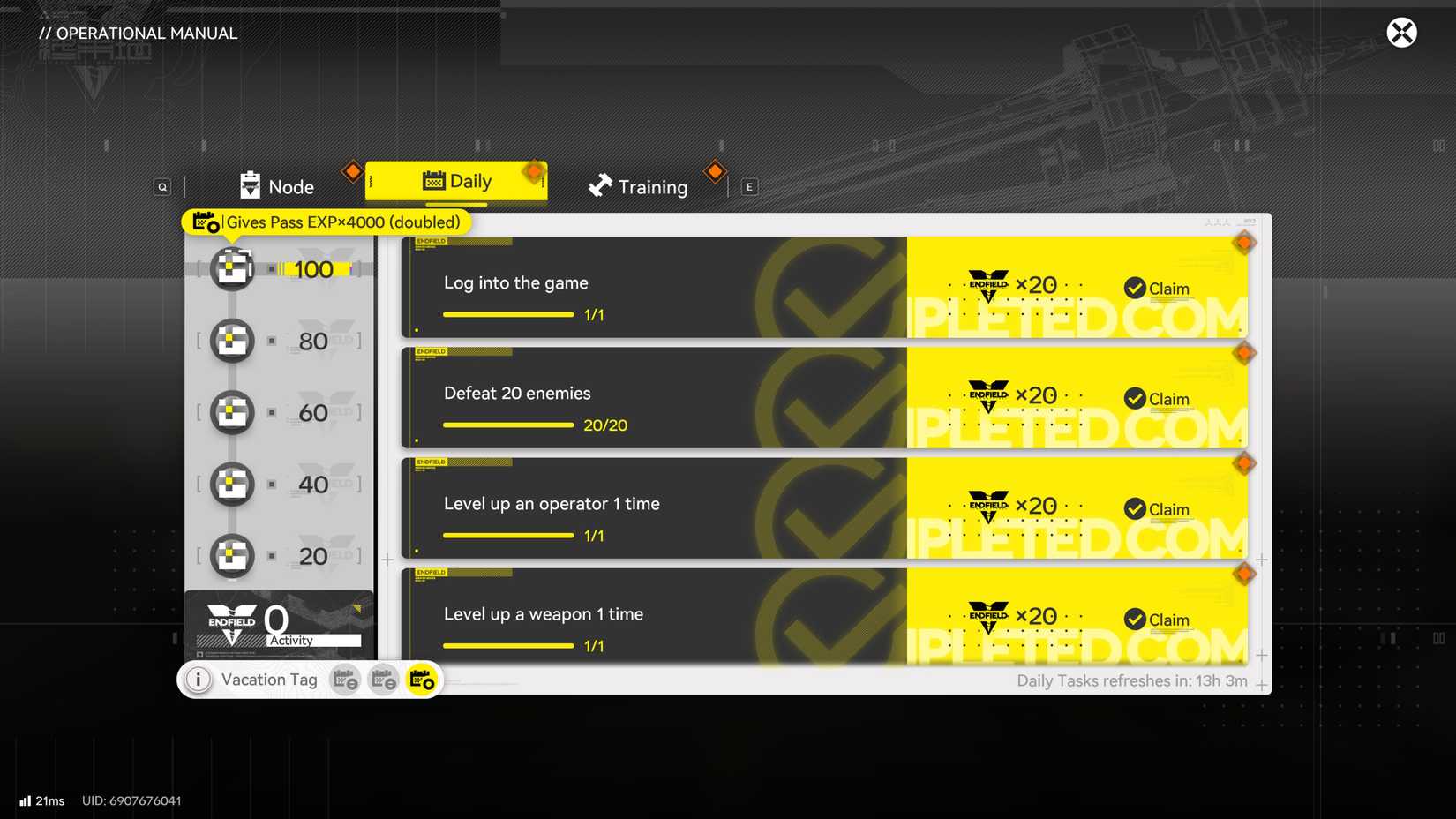 Arknights Endfield's daily objectives menu