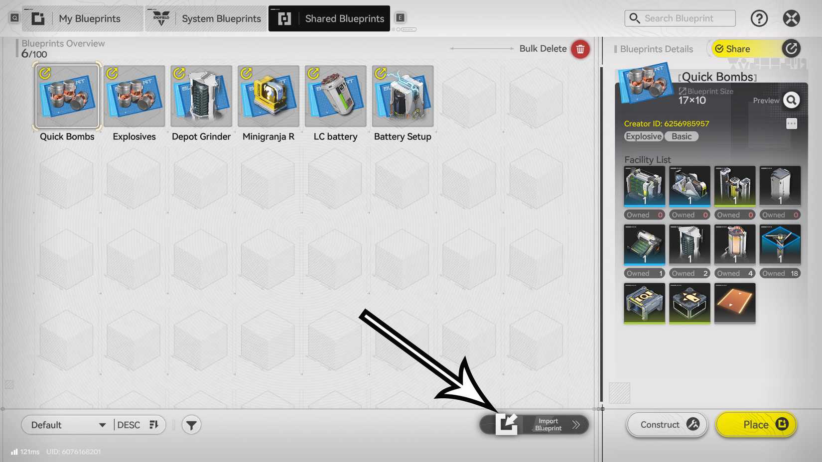  Endfield screenshot showing where to import a blueprint in the game