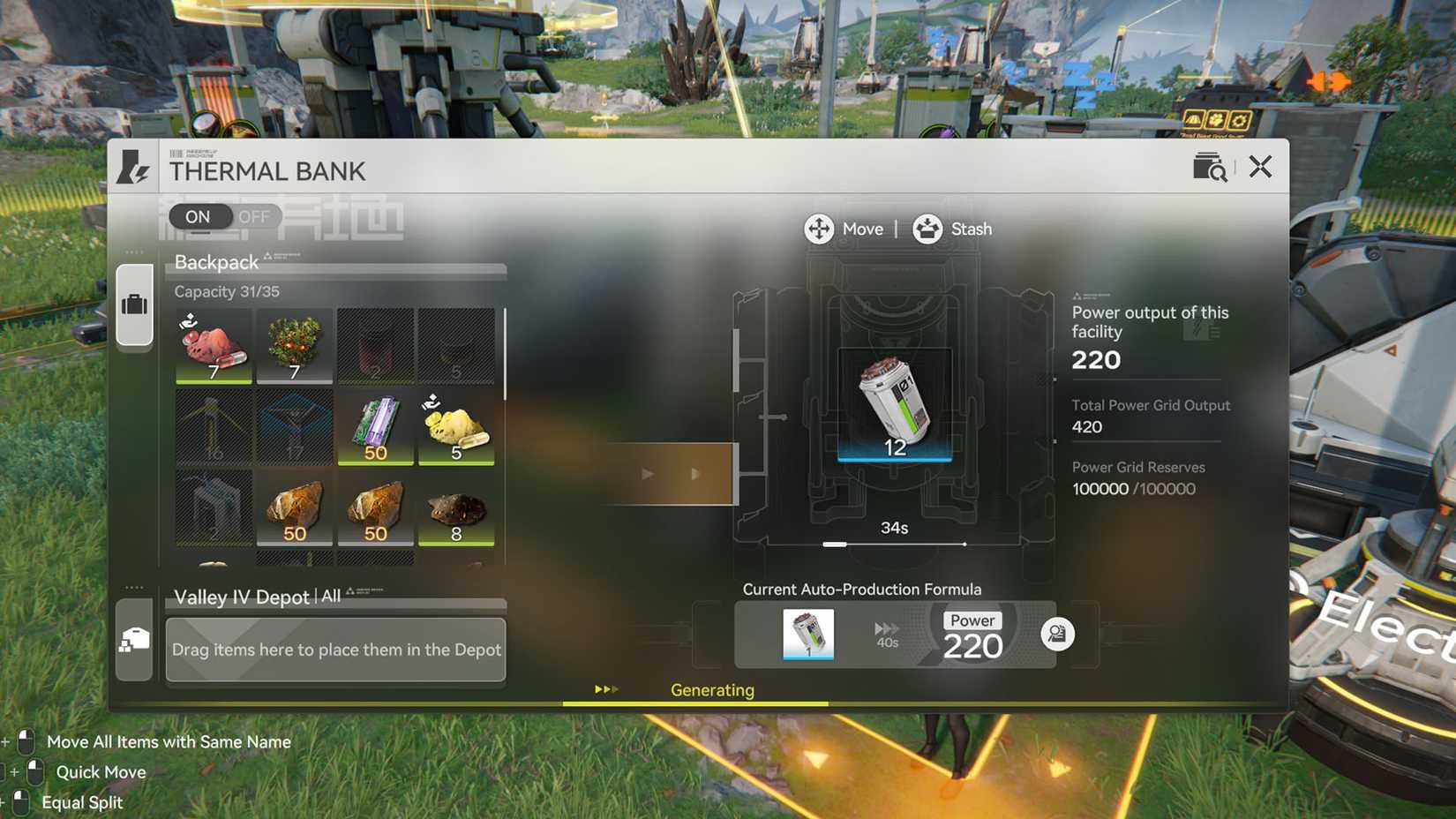  Endfield screenshot showing the Thermal Bank menu and how much energy a battery can produce