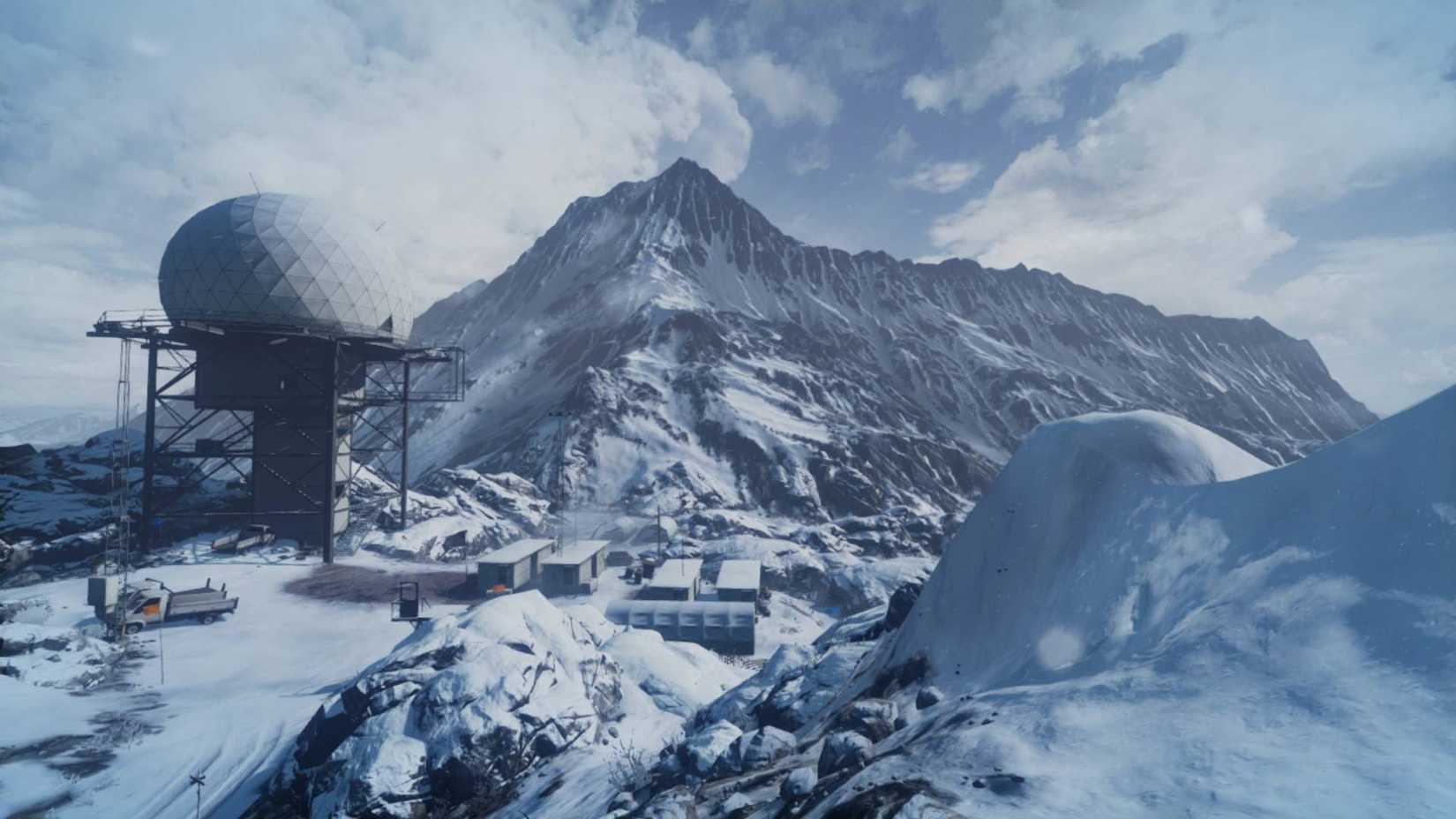 The snowy mountain range with a facility in the foreground on Alborz Mountains in Battlefield 3.