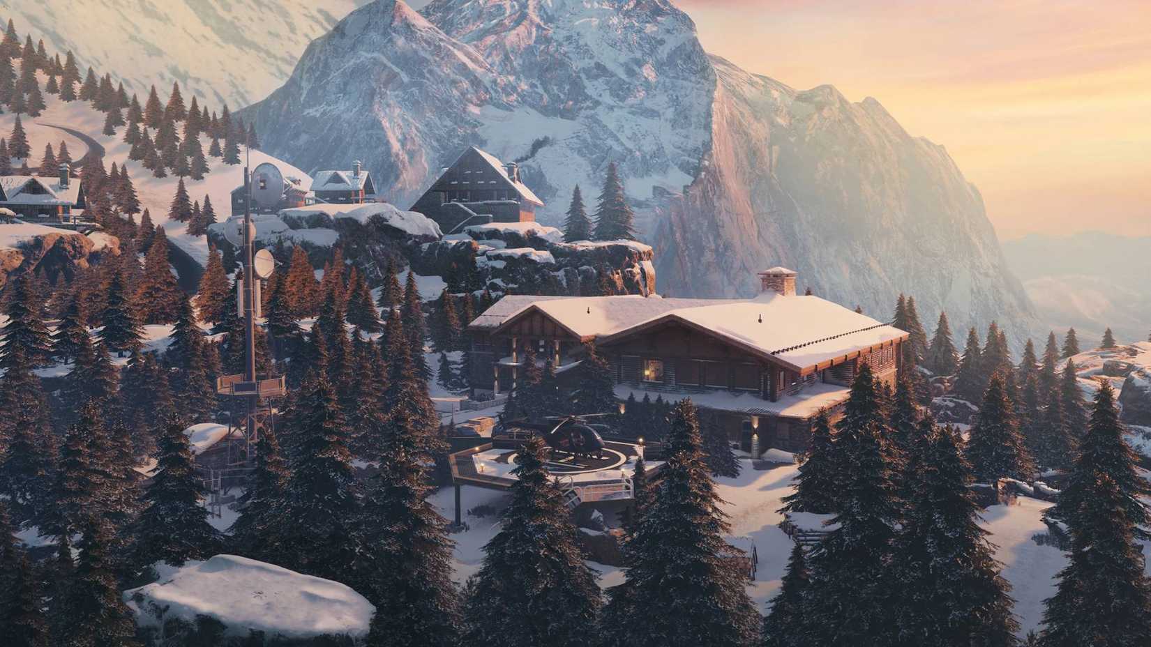 The snow-topped building on Chalet in Rainbow Six Siege with the helipad and helicopter amidst the forest.