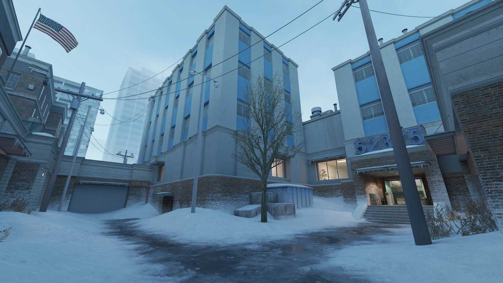 The outside areas of Office in Counter-Strike 2, with snow on the ground.