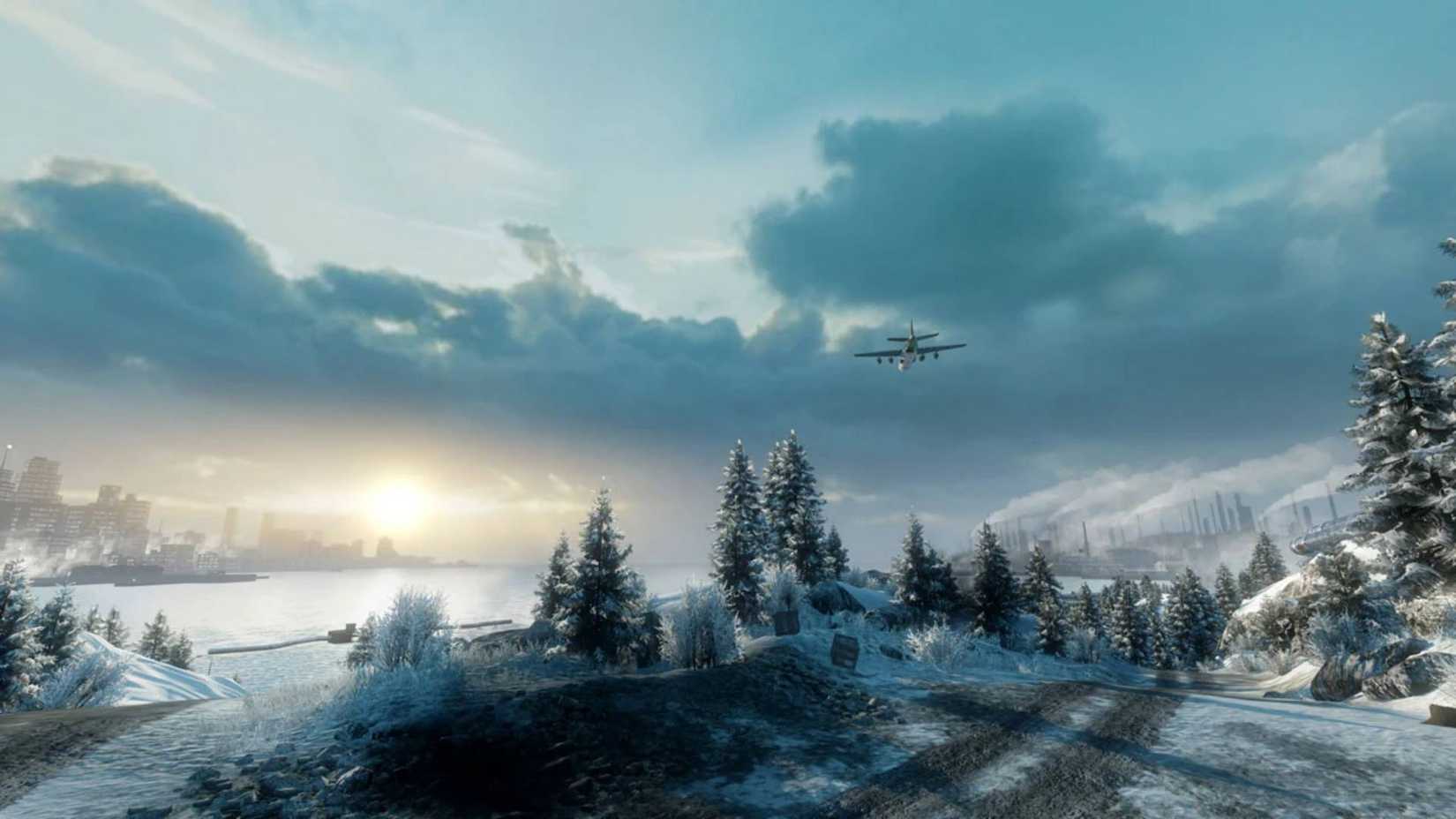 A plane flying over the snowy coast on Port Valdez in Battlefield Bad Company 2.