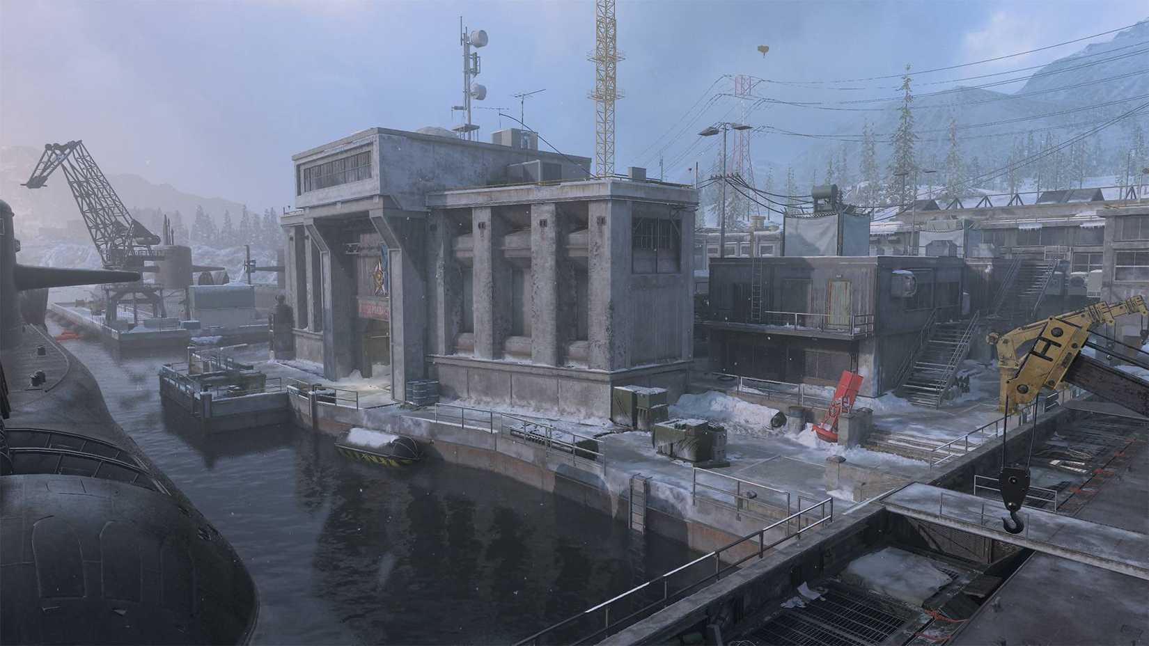 One side of Sub Base (remastered) in Modern Warfare 3 (2023), with the submarine on the left-hand side of the image.