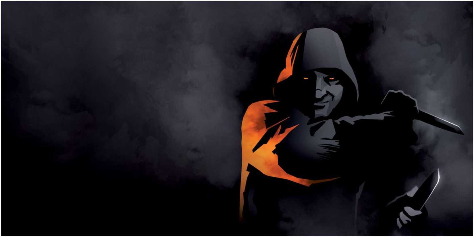 A smirking, shadowy, knife-wielding figure in a cowl, from the cover of Evil Hat Productions' Blades in the Dark