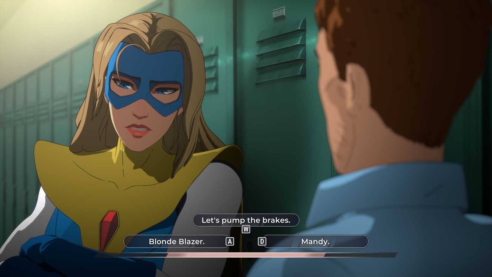 Blonde Blazer asking who should come on the second date in Dispatch.