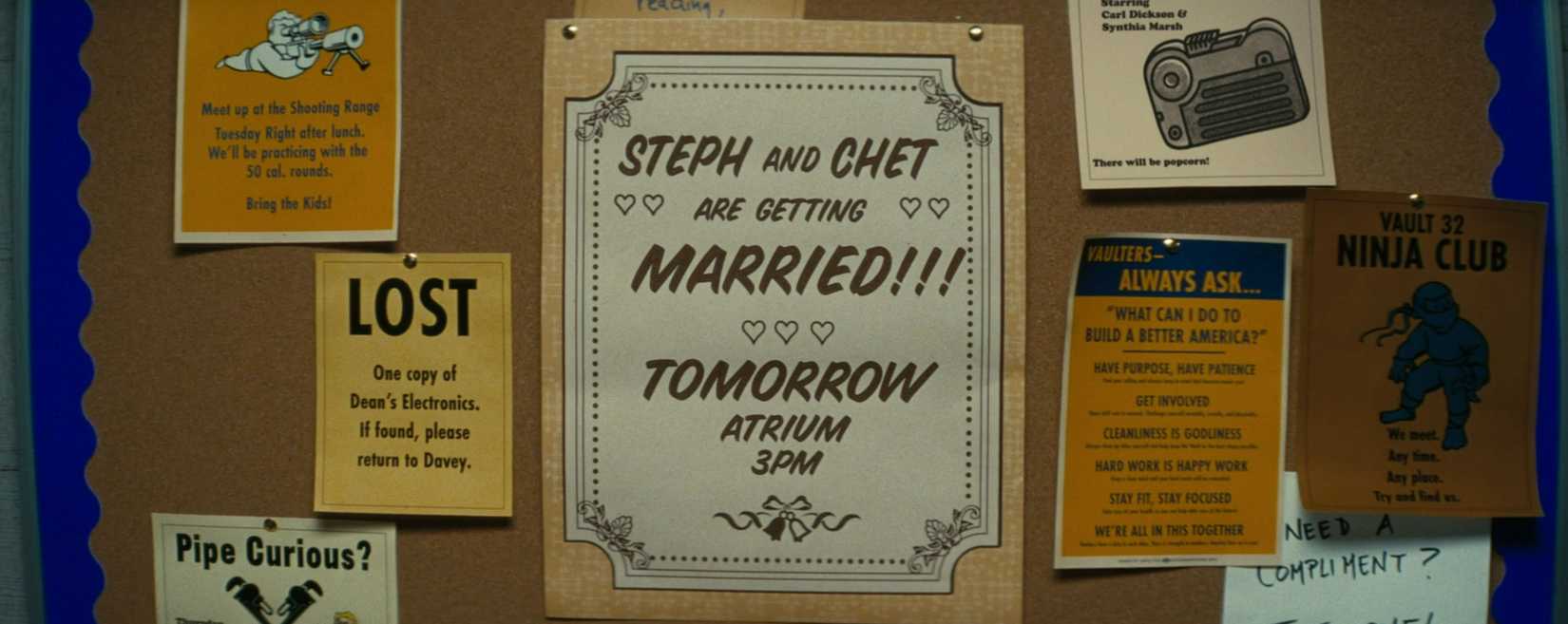 A bulletin board with a bunch of flyers in the Fallout TV show.