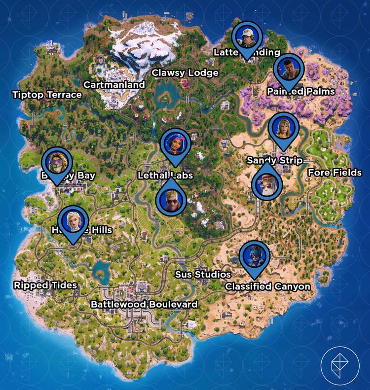 All character locations marked on the Fortnite map.