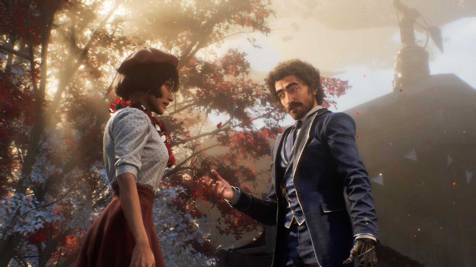 Clair Obscur Expedition 33 Gustave and Sophie talking before a red and white tree