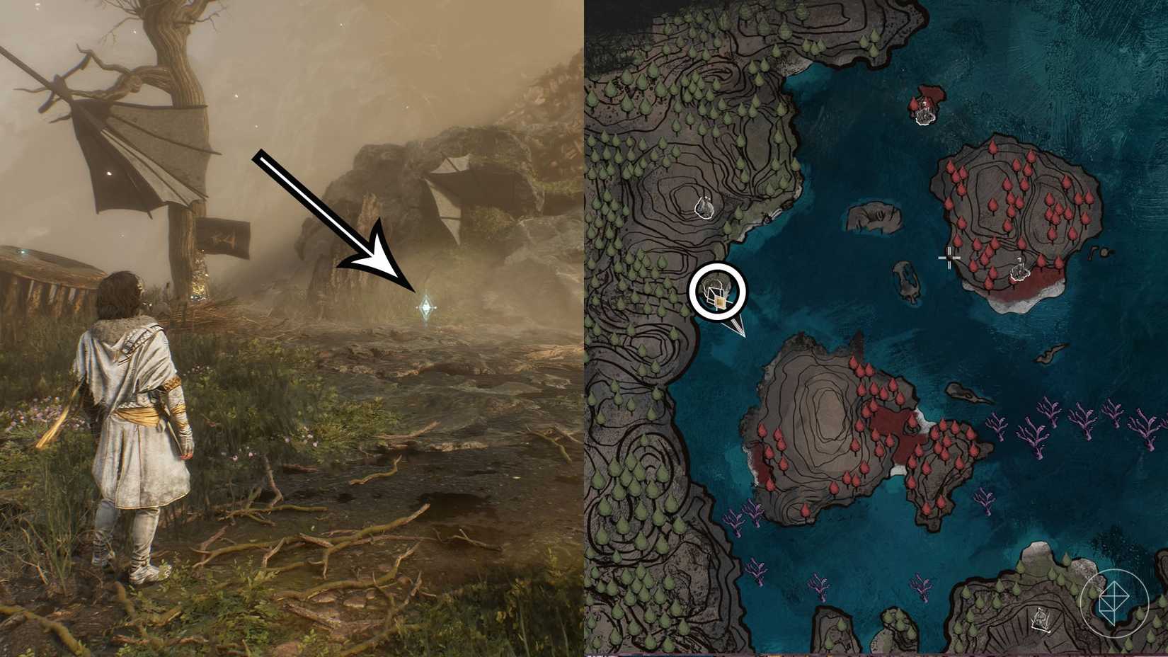 A montage of two Clair Obscur screenshots showing Journal 34 location