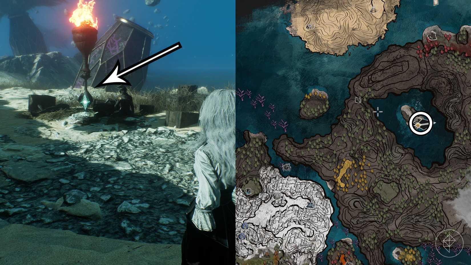 A montage of two Clair Obscur screenshots showing Journal 37 location