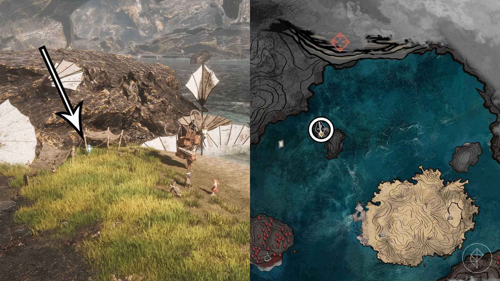 A montage of two Clair Obscur screenshots showing Journal 40 location