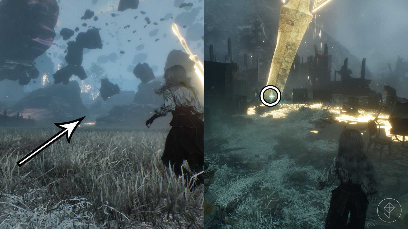 A montage of two Clair Obscur screenshots showing Journal 42 location