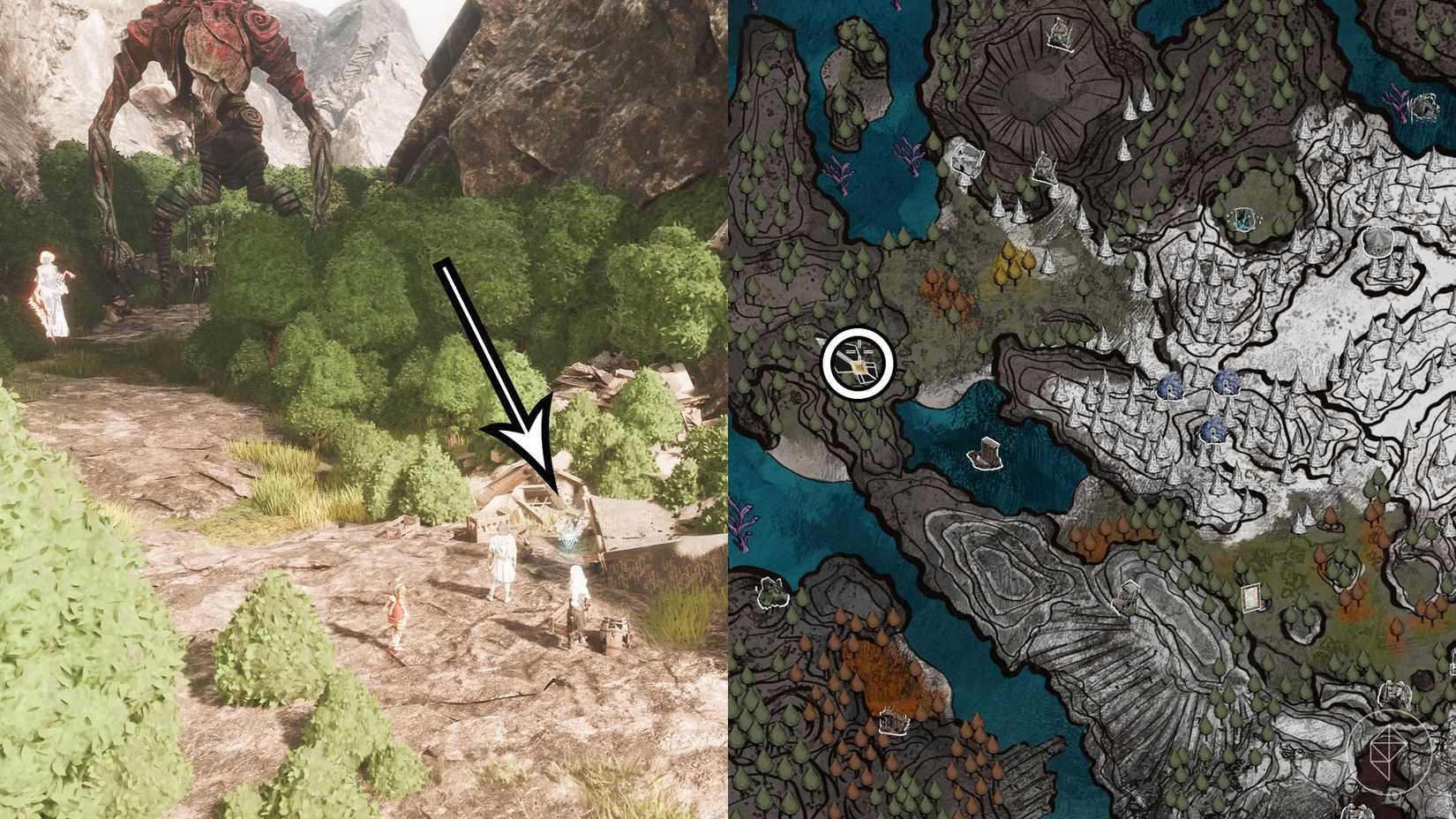 A montage of two Clair Obscur screenshots showing Journal 47 location